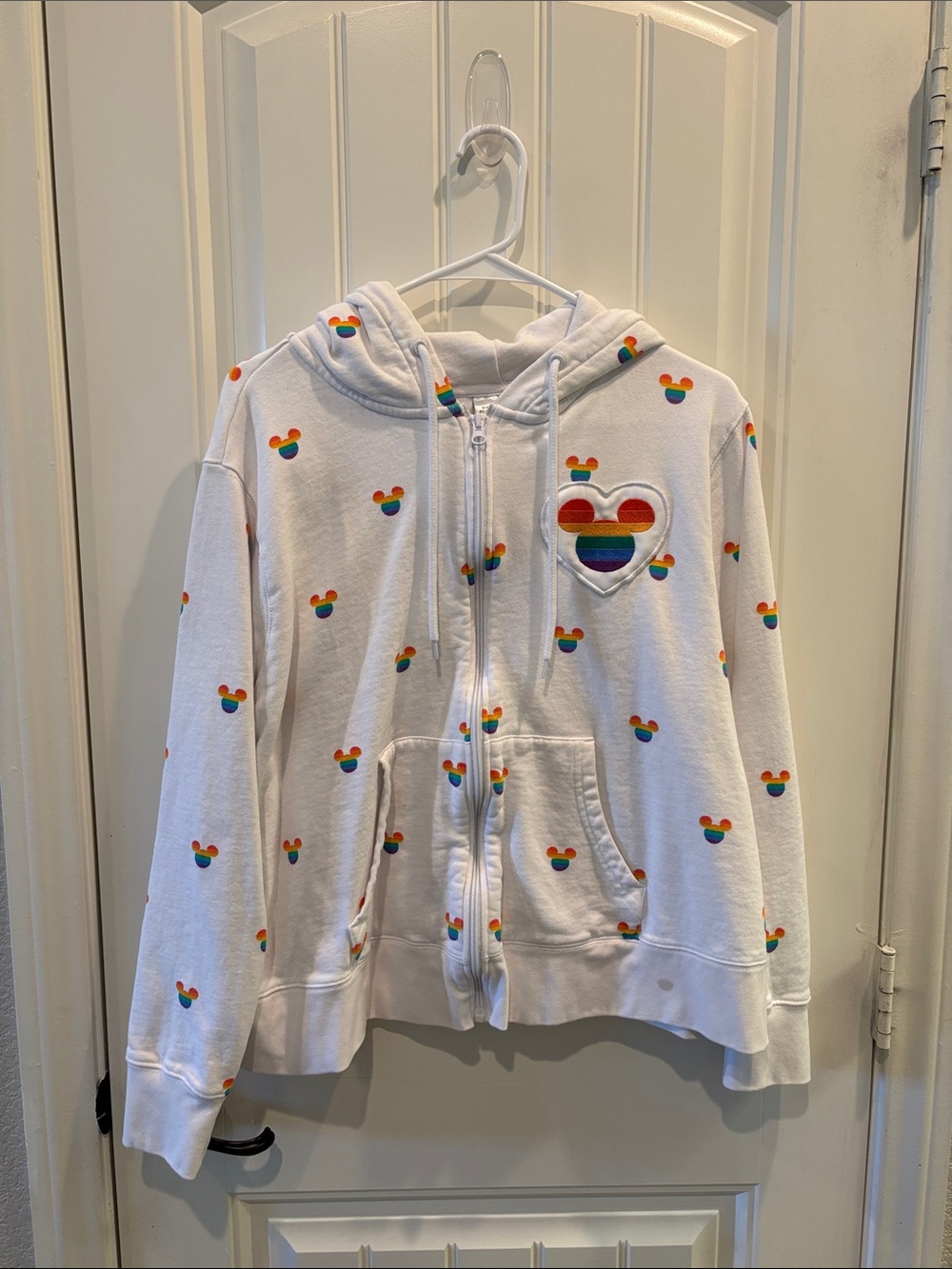 Disney Pride Collection White Zip-Up Hoodie with Rainbow Mickey Heart Accents